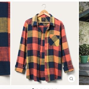 Junk Food Clothing Archy Plaid Button-Down Shirt Navy Coral Mustard Size L Mens